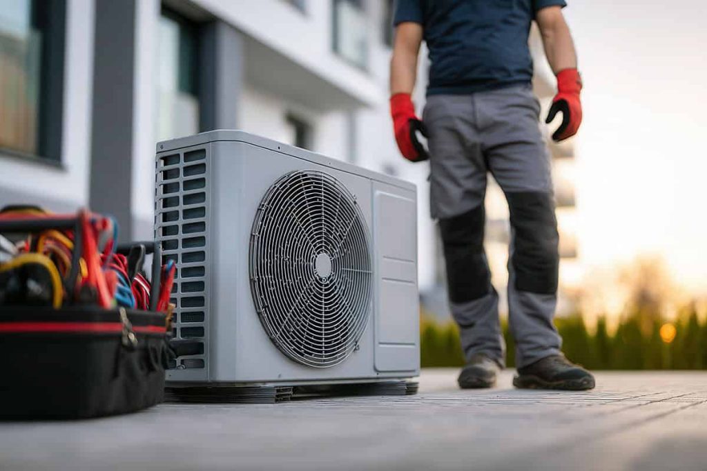 Technician installing a heat pump outdoors for energy-efficient heating.