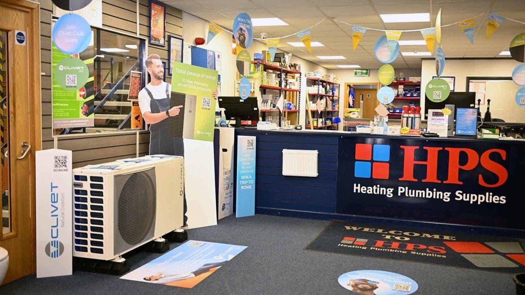 Clivet heat pump display at a retail store promoting energy-efficient heating solutions.