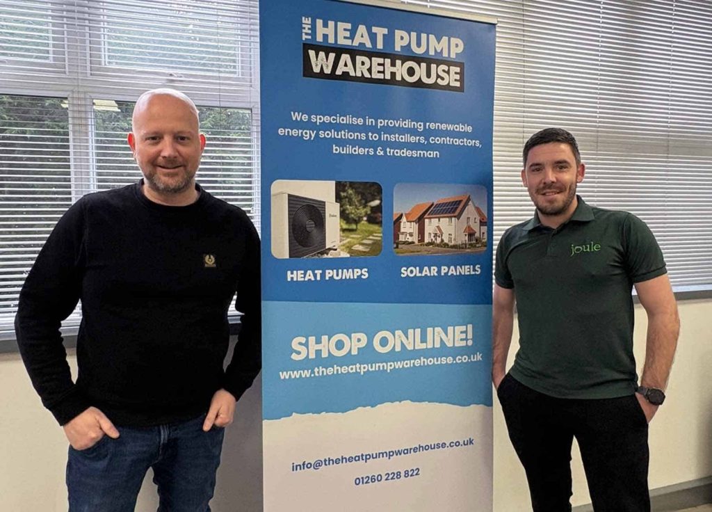 Image shows Jonathan Jones of The Herat Pump Warehouse with Luke Davis of Joule UK