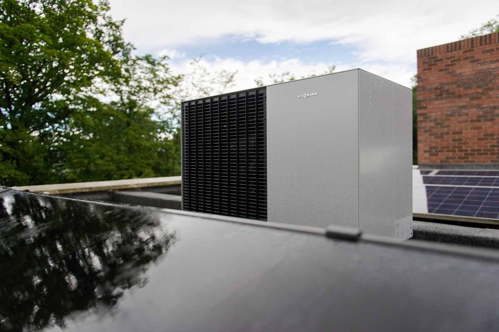 Image shows a Viessmann Vitocal 150-A outdoor heat pump unit