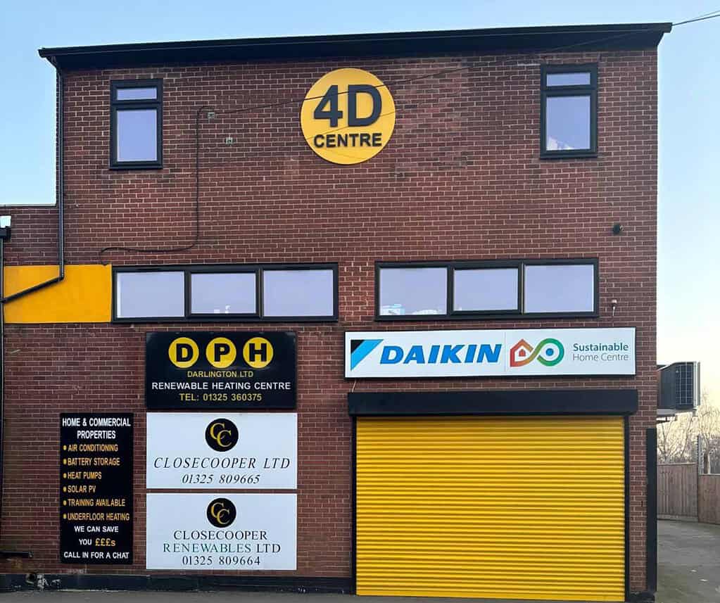 Exterior view of Daikin and DPH signage at Sustainable Home Centre building.