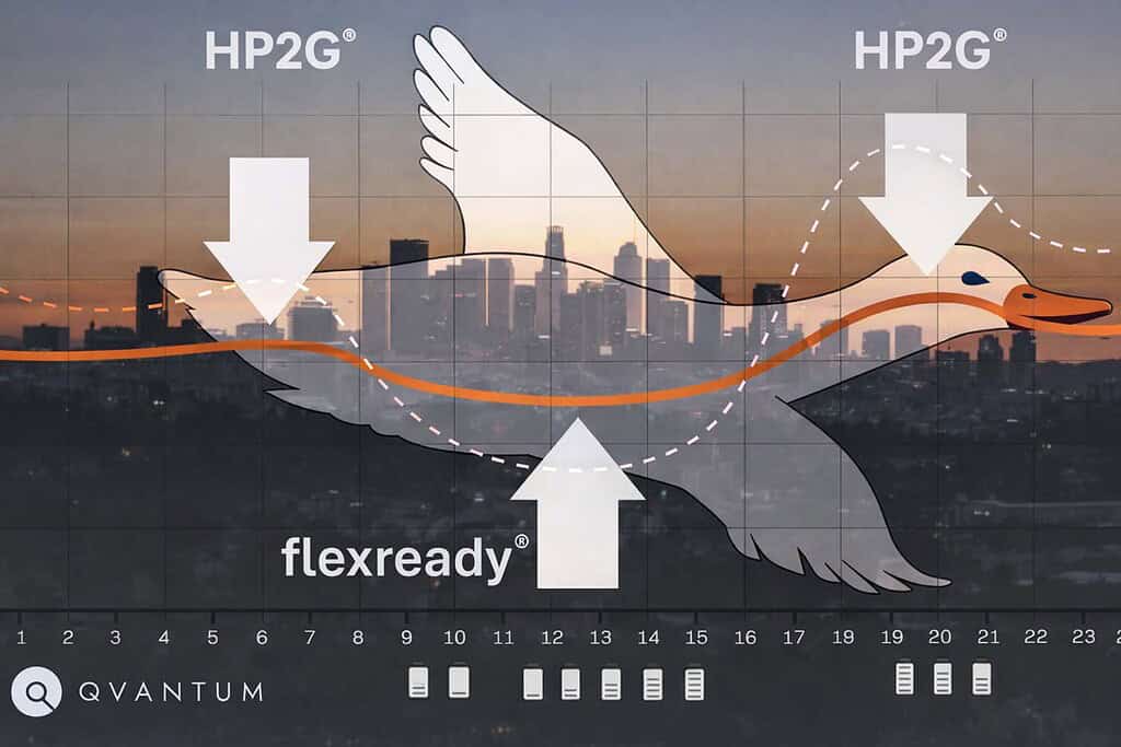 Illustration of Qvantum heat pump system with flexible, eco-friendly design.