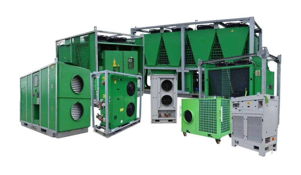 Image shows Rapid Energy's industrial HVAC fleet, including heat pump chillers