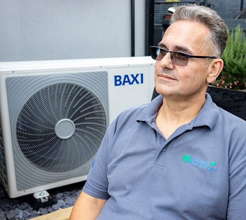 Outdoor heat pump unit by BAXI for efficient heating and cooling.