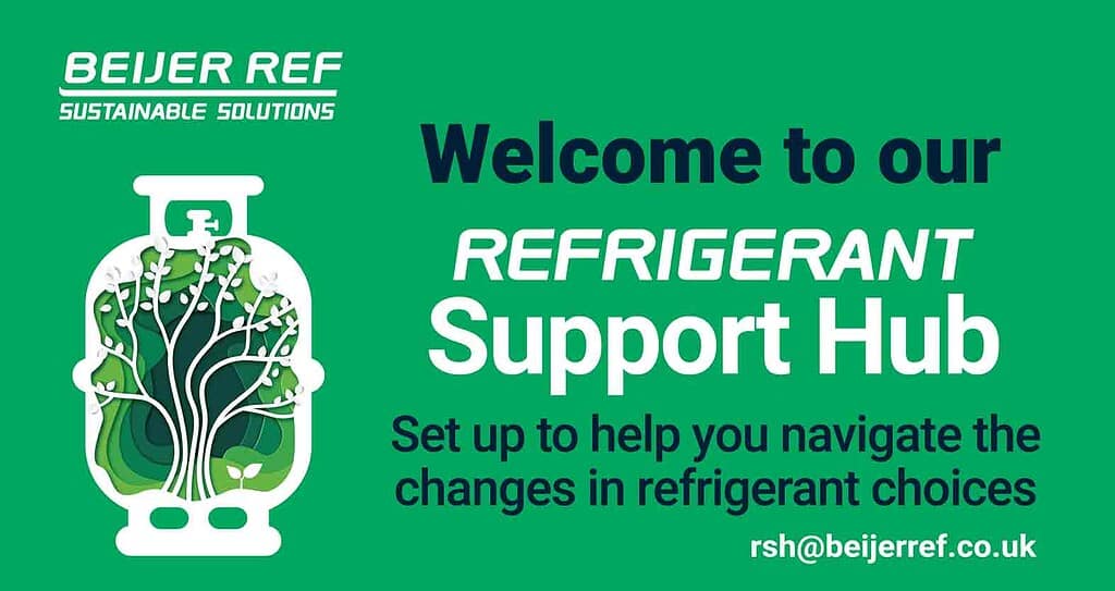 Refrigerant support hub banner with eco-friendly design and Beijer Ref logo.