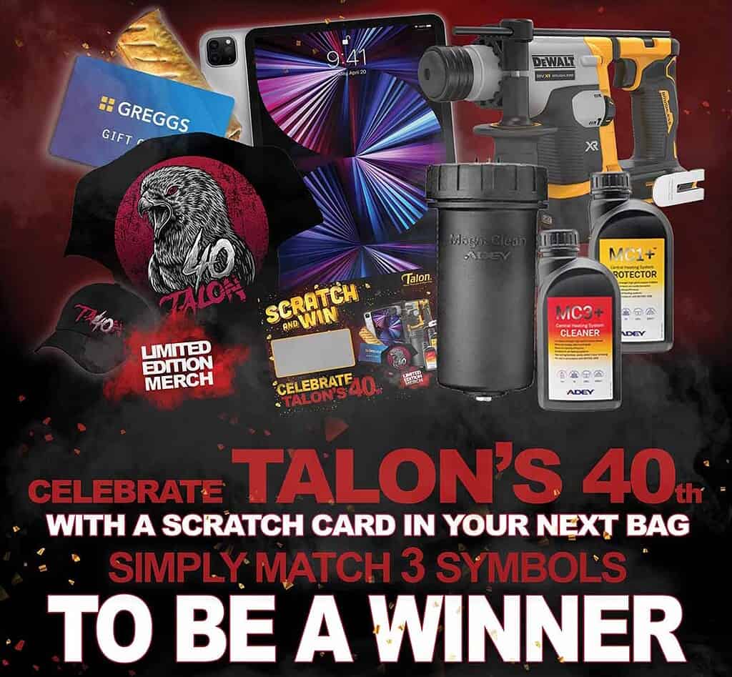 Talon’s 40th anniversary promotional scratch card contest with merchandise and tools.