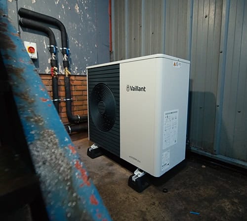Vaillant heat pump installed at skate park for sustainable heating.