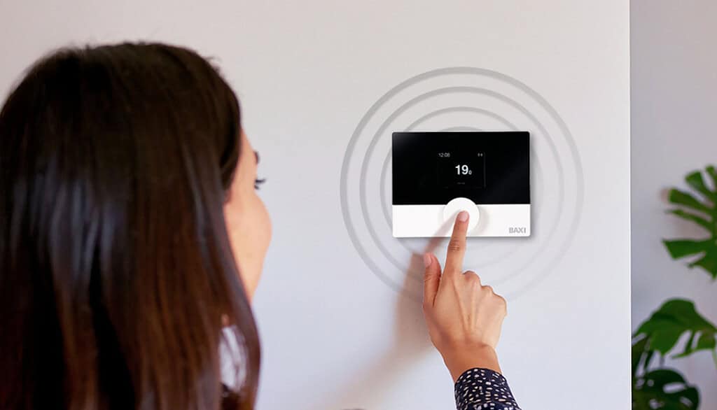 Image shows the Baxi AmbiZen Smart Control, which offers seven-day scheduling, holiday mode and real-time energy monitoring.