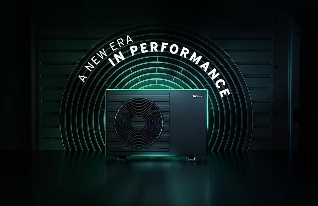 Modern heat pump unit with performance indicators, set against a high-tech background.