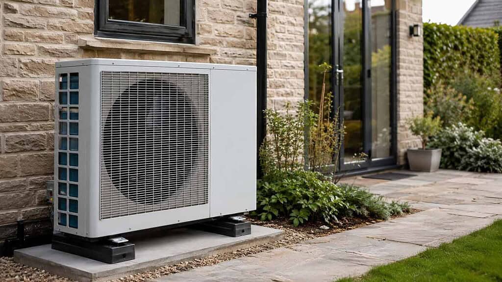 Air source heat pump outside a modern home in the UK.