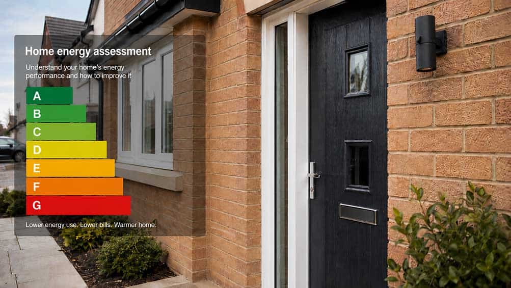 Home exterior with energy efficiency rating chart and modern black door.