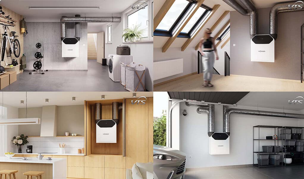 Various indoor settings showcasing heat recovery ventilation units in modern homes and garages.