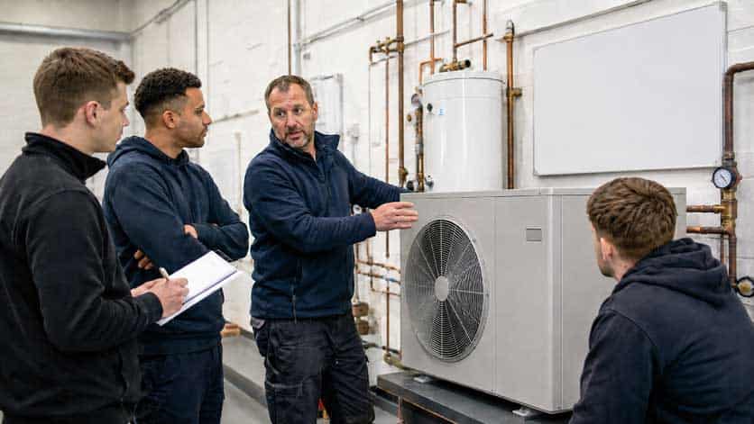 Group training session on heat pump installation in a workshop setting.