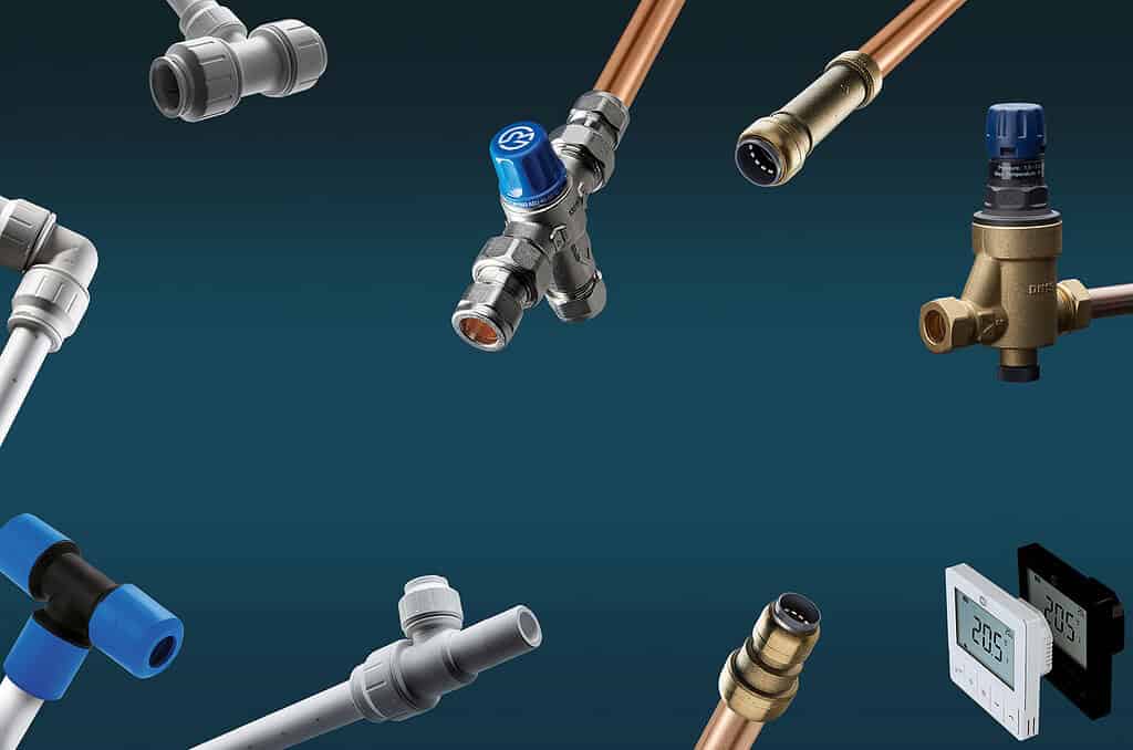 High-efficiency heat pump components and plumbing fittings for sustainable heating solutions.