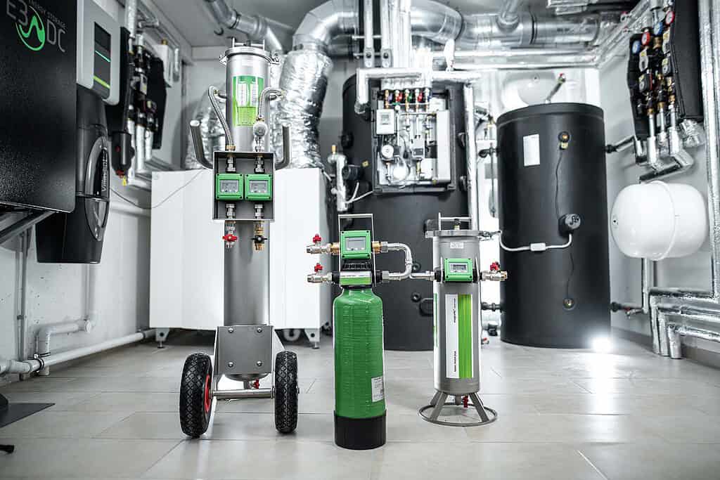 Modern heat pump system with control units and piping in a technical room.