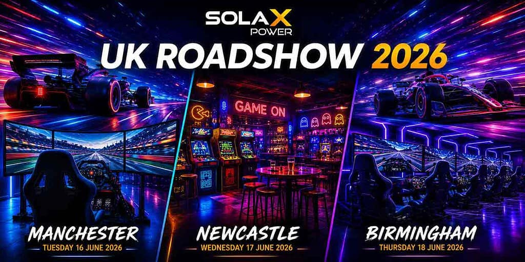 UK Roadshow 2026 event with racing cars, gaming, and neon-lit entertainment venues.