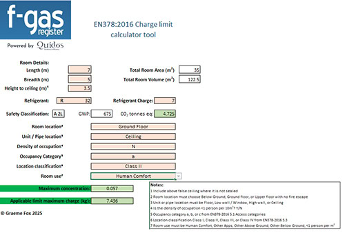 Refrigerant charge calculator for EN378 compliance in heat pump systems.