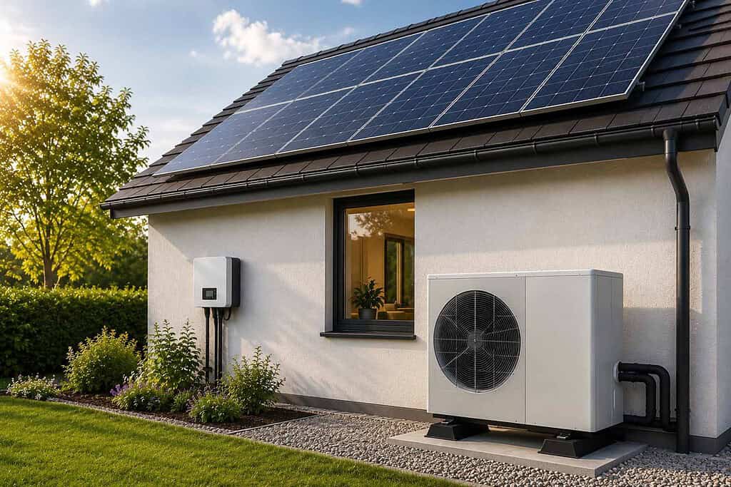 Home with solar panels and heat pump for energy efficiency and cost savings.