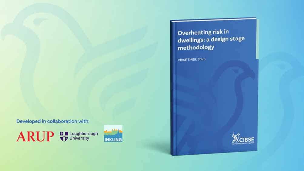 CIBSE guide on overheating risk in dwellings with a blue cover and eagle logo.