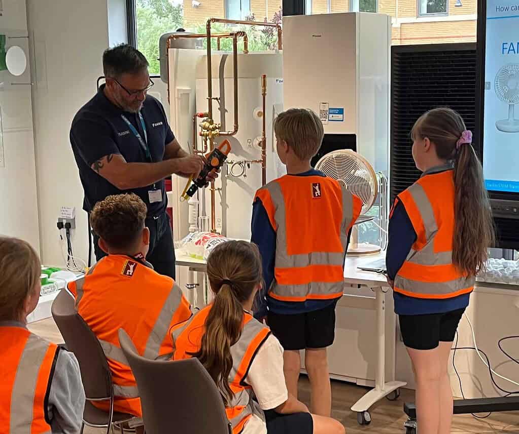 Image shows primary pupils at the Daikin training centre