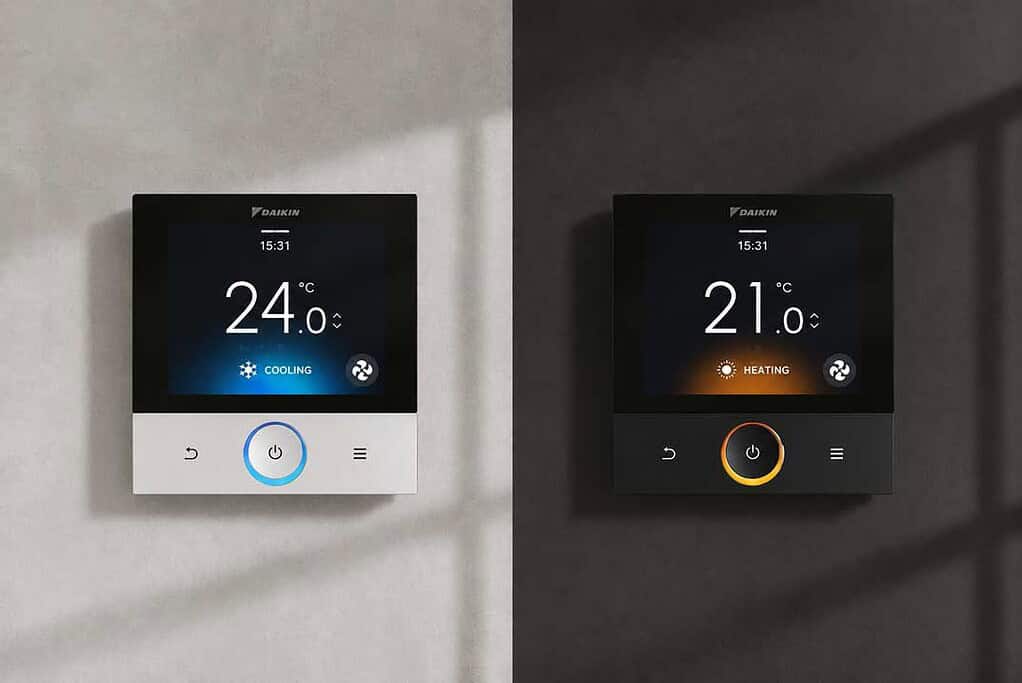 Daikin Madoka Plus controller showing temperature and mode.