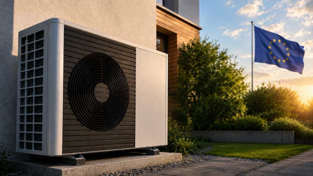 Modern heat pump installed outdoors with EU flag in background.