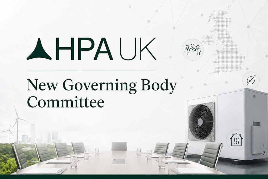 HPA UK logo with a heat pump and conference room image for SEO.