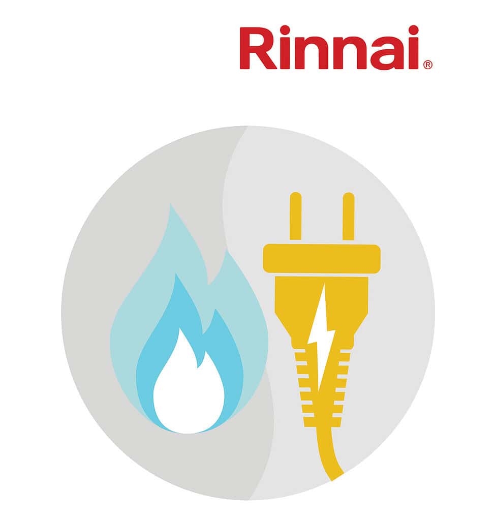 Rinnai hybrid water heating system with electric plug and flame icon.