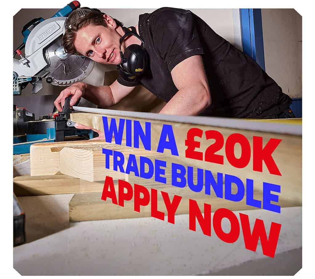 Young man using a saw with promotional text for a trade bundle giveaway.