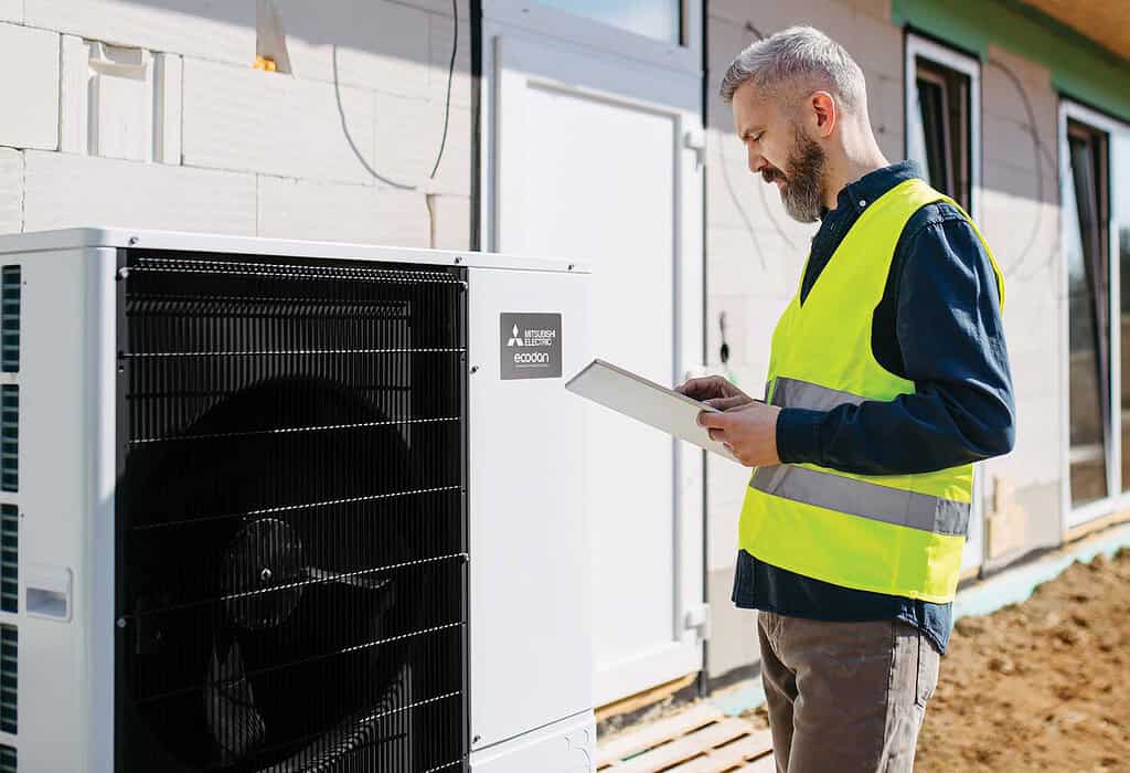 Technician inspecting a heat pump outside a building for energy efficiency.