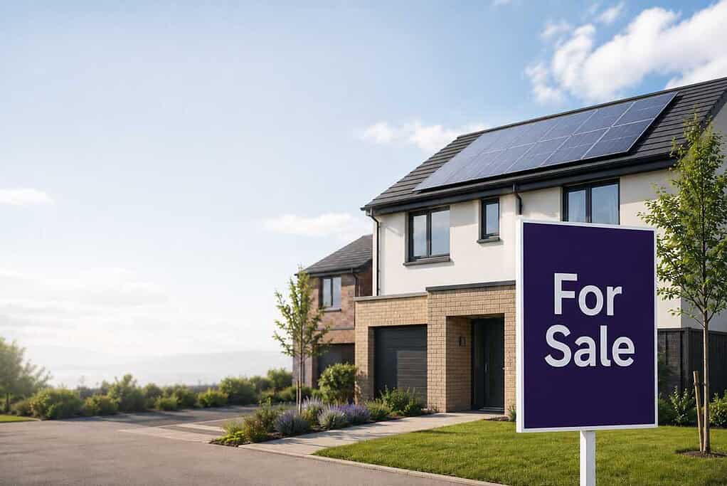 House with solar panels and a 'For Sale' sign in front.