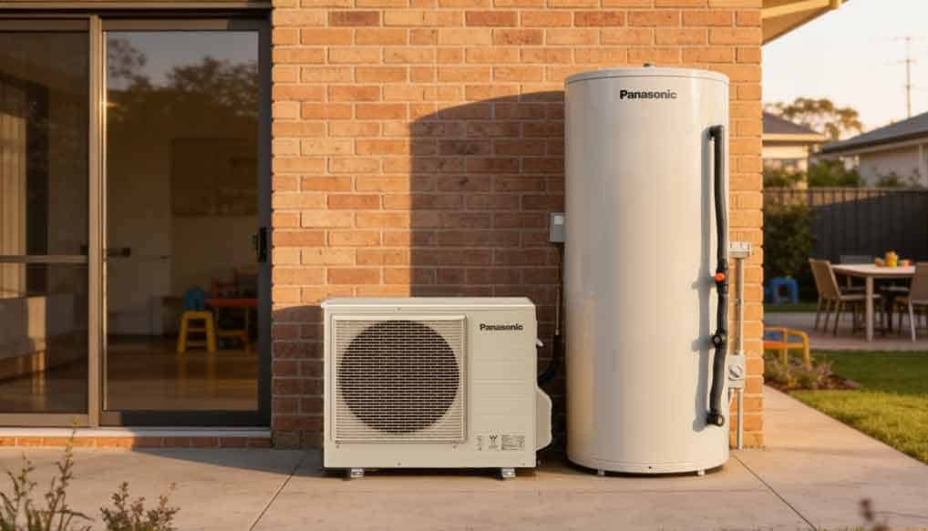 Panasonic air-to-water heat pump outside a house in Australia.