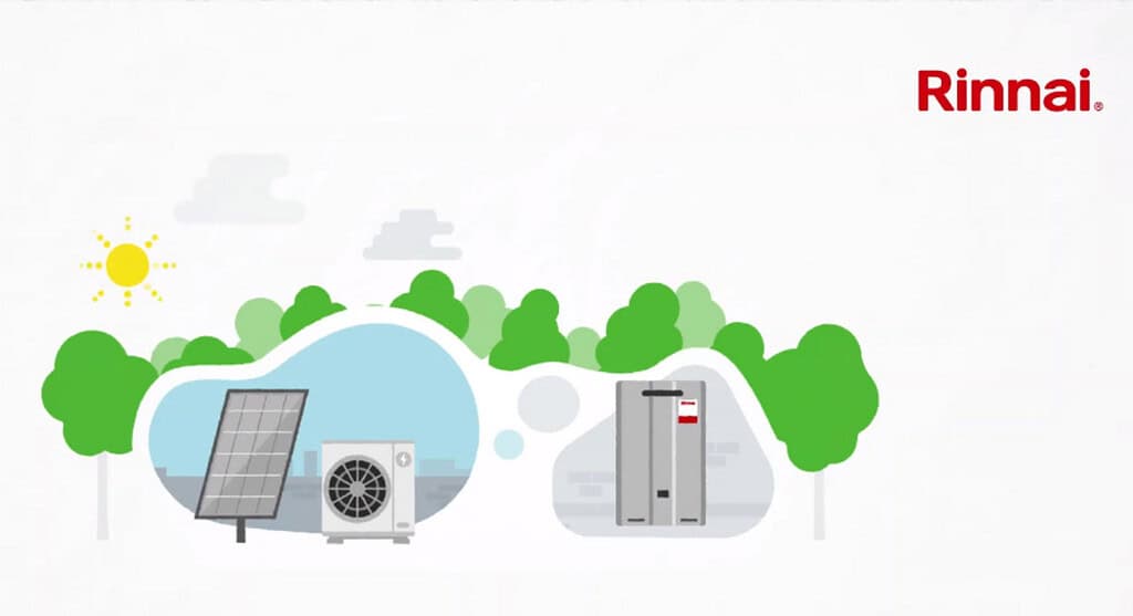 Rinnai hybrid heating system with solar panels and heat pump in a green landscape.