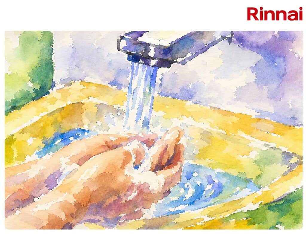 Hands washing under running water from a tap, water flowing into a yellow basin.