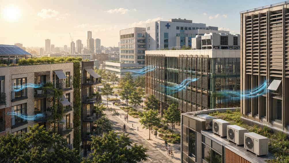 Modern cityscape with buildings featuring cooling systems and green spaces.