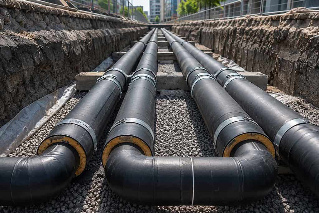 Underground heat network pipes for sustainable heating infrastructure.