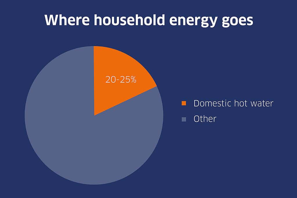 Pie chart showing household energy use with hot water accounting for 20-25%.