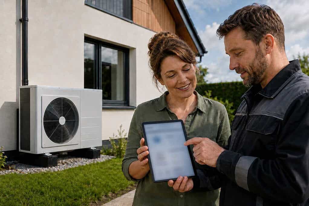 Technician explaining heat pump system to homeowner outdoors.