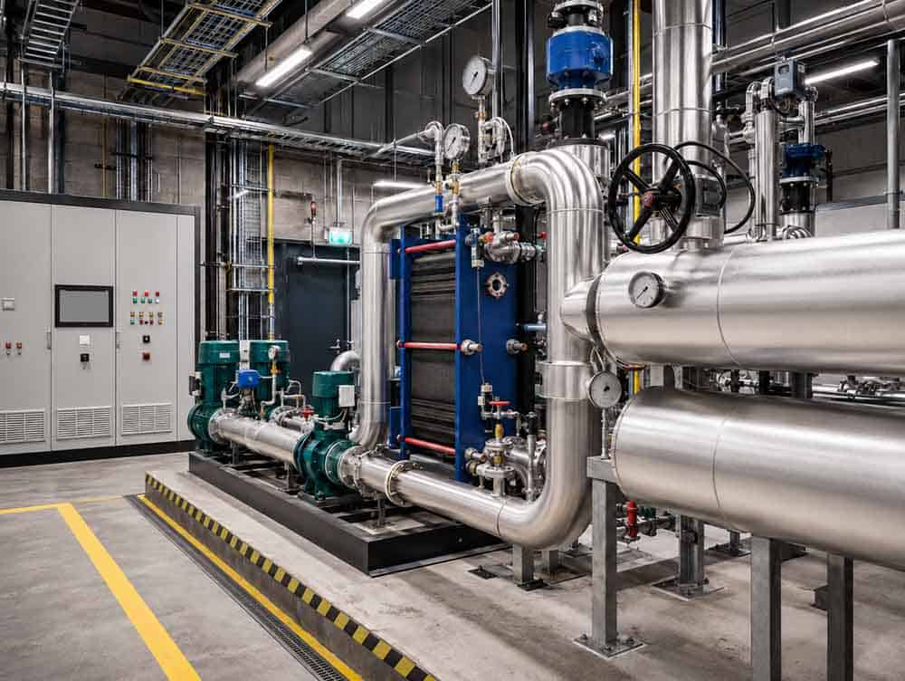 Industrial heat pump system with pipes and gauges in a facility.