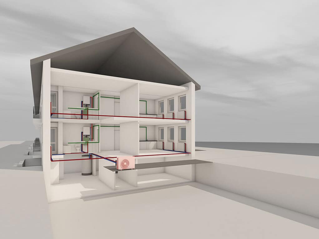 Cross-section of a multi-storey apartment with R290 heat pump system.