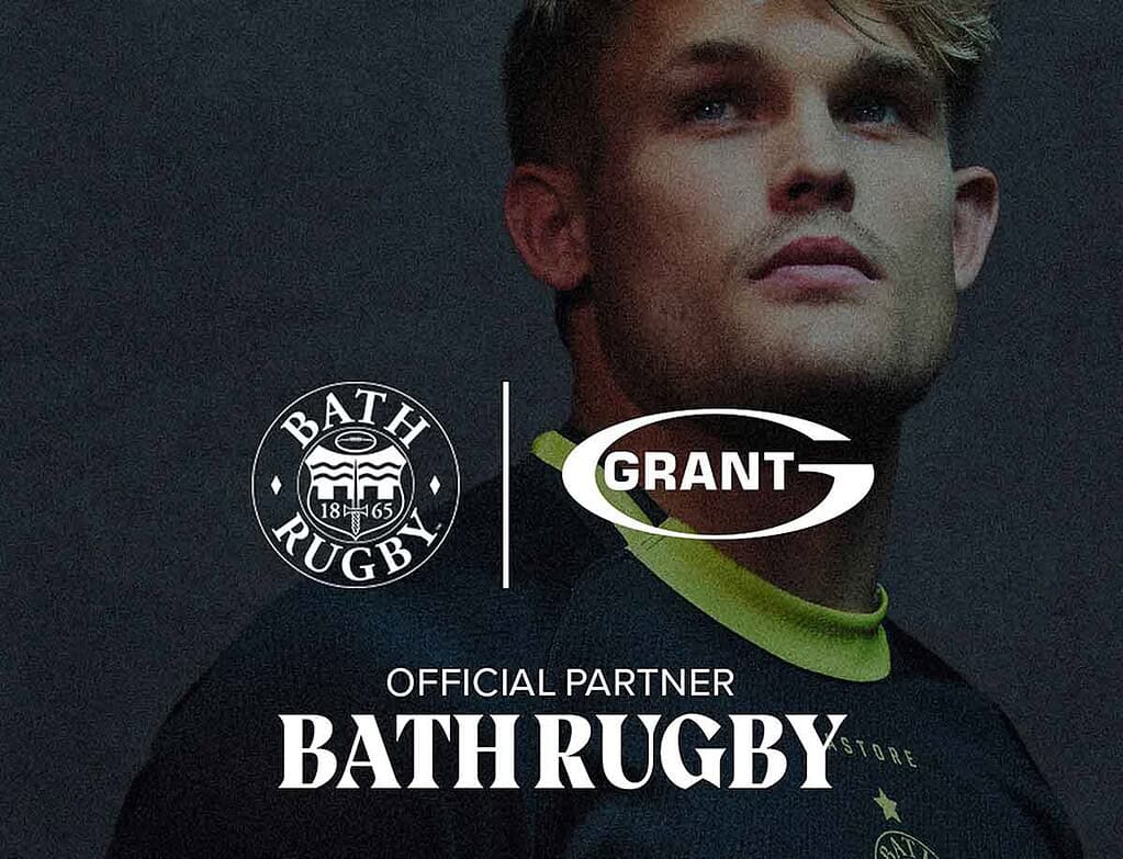 Bath Rugby official partner logo with a rugby player in background.