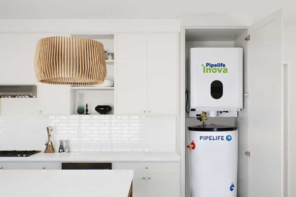 Pipelife Inova R290 heat pump installed in modern kitchen.