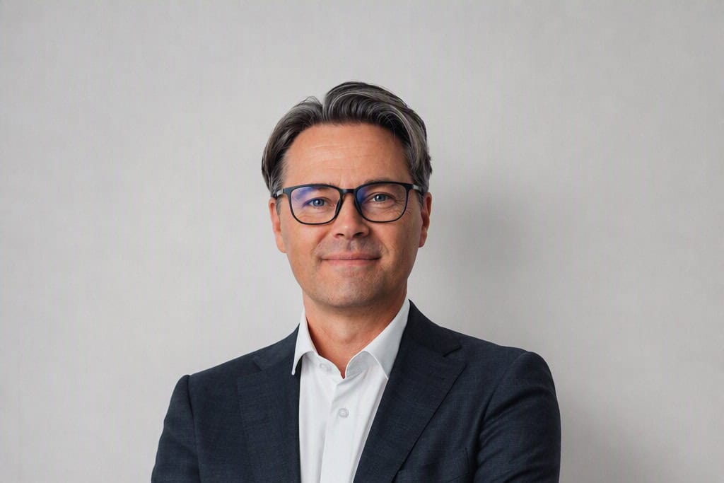 Businessman wearing glasses in a dark suit smiling at the camera.