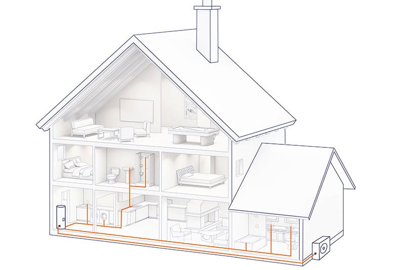 Cross-section of a house showing hot water system and piping layout.