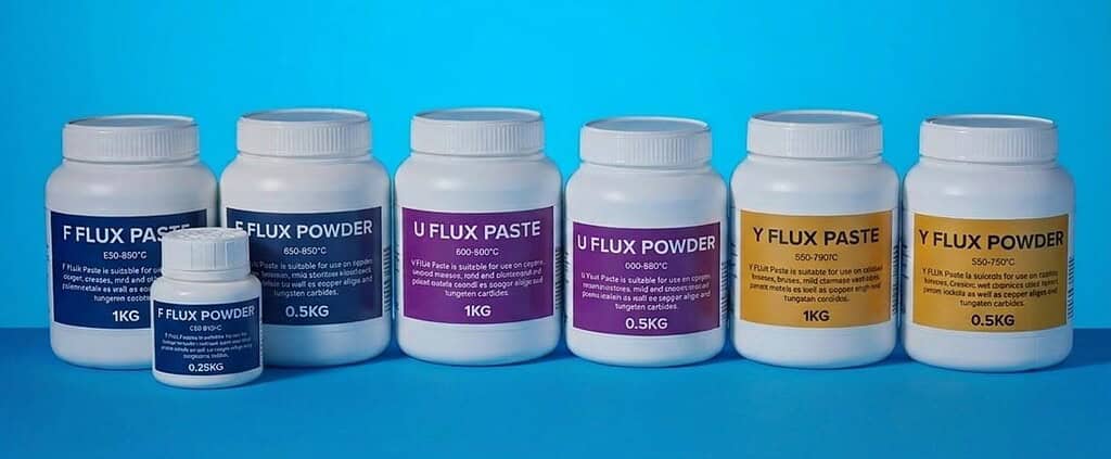 Assorted U Flux paste and powder containers for soldering and electronics.
