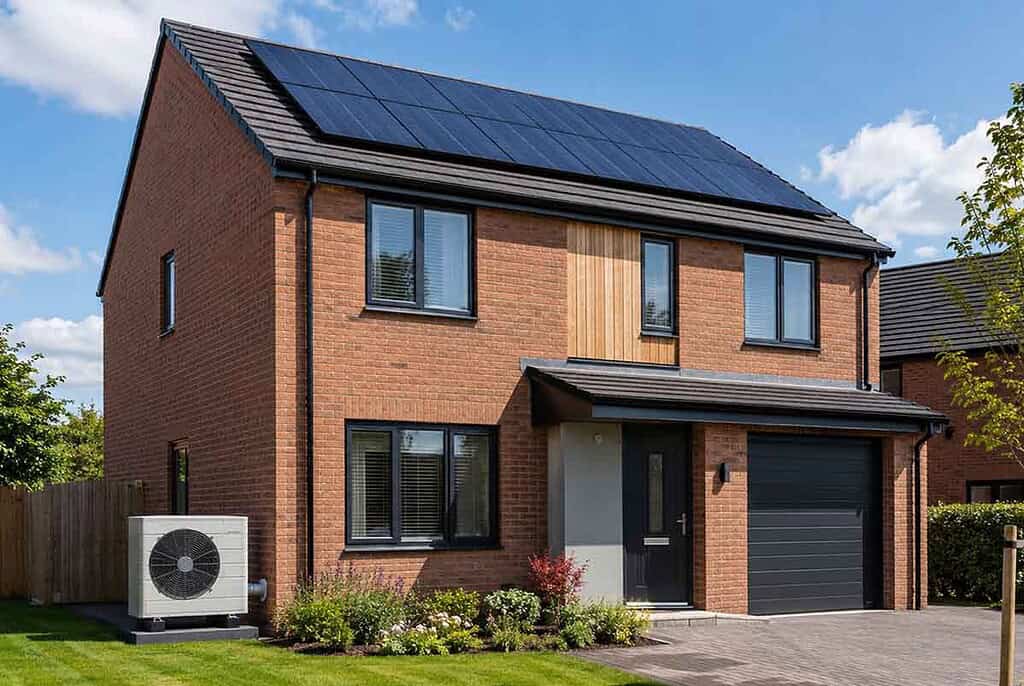 Image shows home with heat pump installation and solar panels