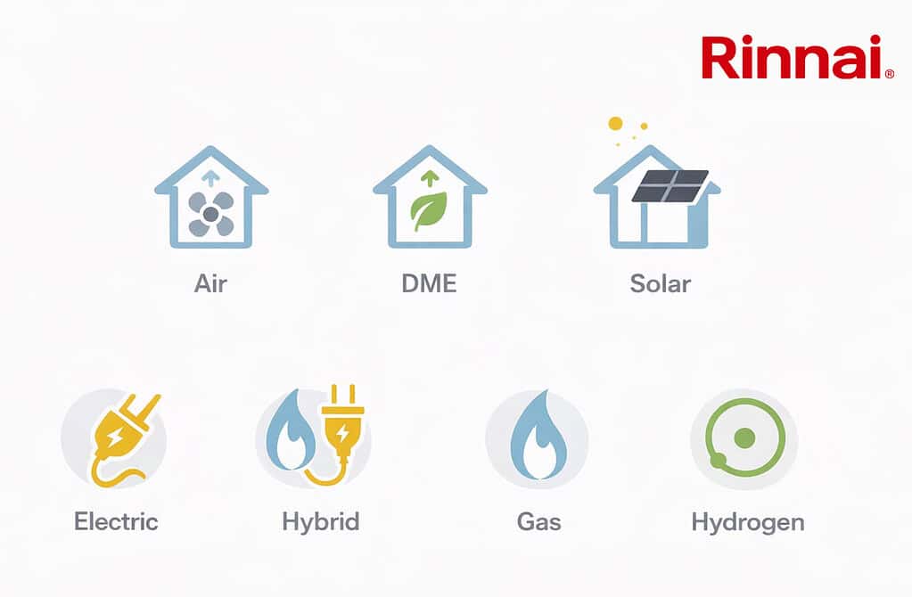 Different types of heat pumps including air, DME, solar, electric, hybrid, gas, and hydrogen.