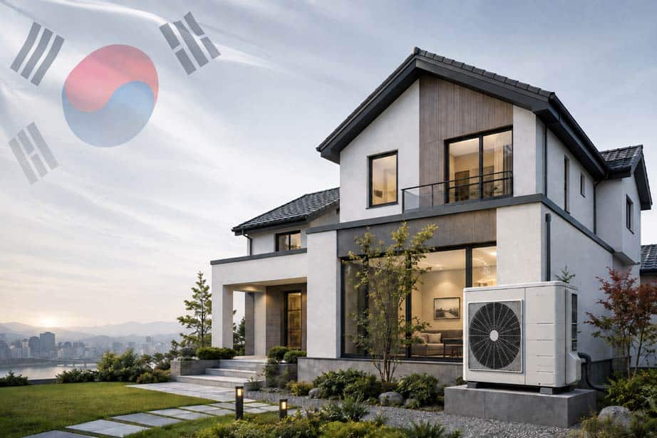 Contemporary house in South Korea with heat pump system outside.