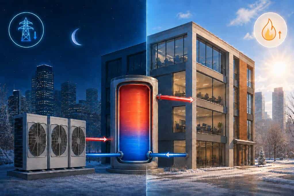 Modern heat pump with thermal storage for energy efficiency and cost savings.