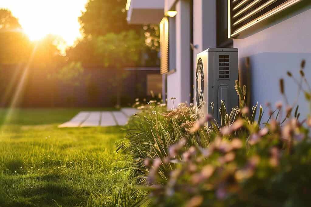 Modern heat pump unit installed outside a house at sunset.